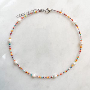 Multicolored Glass Seed & Pearl Bead 13 Inch Choker/Necklace Stainless Steel 2 inch Extender