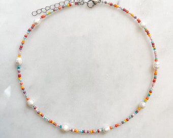 Multicolored Glass Seed & Pearl Bead 13 Inch Choker/Necklace Stainless Steel 2 inch Extender