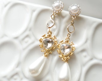 White Heart Enchanted Pearl Drop Earrings, Elegant Bridal Earrings, Crystal Heart and White Bridesmaids Earrings, Wedding Jewelry