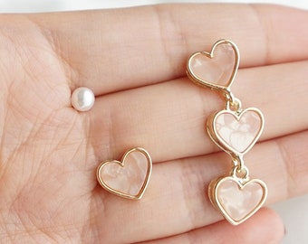 Mismatched Heart Earrings, Pink Heart Drop Earrings, Mismatch Earrings Heart Set of 3, Heart Dangle and Pearl Stud Earrings, Cute Everyday