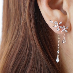 Romantic Bridesmaids Crystal Flower Ear Crawler Earrings, Floral Ear Jacket, Rose Gold Floral Earring Park Min Young Earrings Secretary Kim