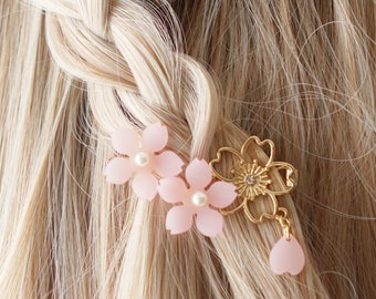 Barrette à cheveux rose fleurs de cerisier du Japon, épingle à cheveux rose Sakura cosplay mignon Kawaii, barrette à cheveux de demoiselles d'honneur floral printemps style Tokyo