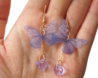 Soft Lavender Purple Butterfly Earrings, Purple Heart Crystal Earrings, Romantic Butterfly Dangle Earrings, Statement Butterfly Earrings