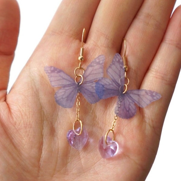 Soft Lavender Purple Butterfly Earrings, Purple Heart Crystal Earrings, Romantic Butterfly Dangle Earrings, Statement Butterfly Earrings