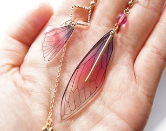 Gradient Butterfly Earrings, Chiffon Pink and Purple Asymmetrical Butterfly Earrings, Mismatched Earrings