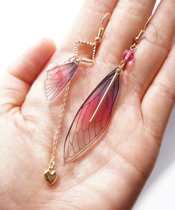 Gradient Butterfly Earrings Chiffon Pink and Purple Asymmetrical