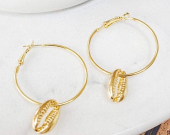 Gold Shell Hoop Earring, Gold Hoops, Gold Hoop Cowrie Shell Charm Earrings, Puka Shell Hoop Earrings, Gold Earrings VSCO Girl