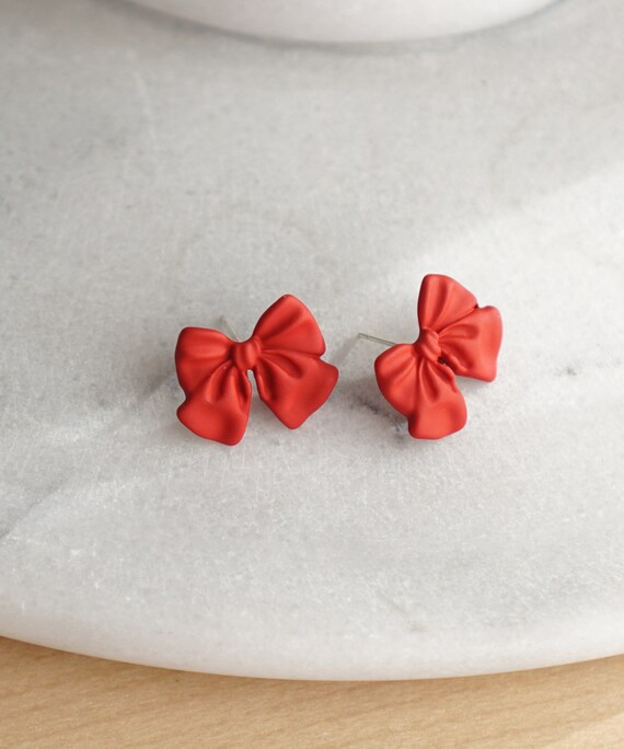 Red Ribbon Stud Earrings Red Christmas Bow Earrings Holiday Bow