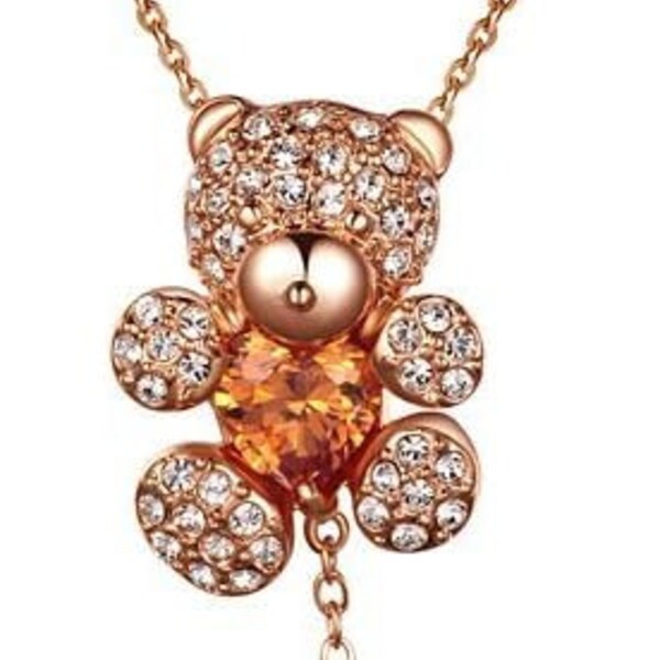 Teddy Bear Pendent, 18k Rose Gold Plated Bear Pendant with Amber Heart and Austrian Crystal