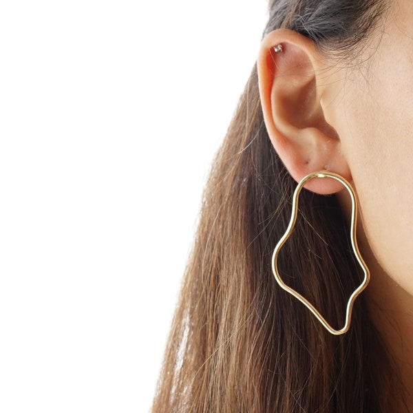 Artsy Gold Hoop Stud Earring, Lightweight Artistic Semi-Matte Gold Hoop Earrings, Handmade Earrings, Hipster Gold Earrings