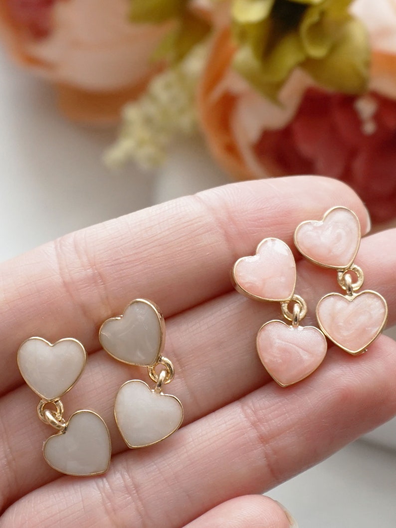 Kawaii Heart Earrings Creamy Heart Drop Earrings Marbled Peachy Pink and Milky White Double Hearts Dangle Earrings