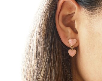 Creamy Heart Drop Earrings, Marbled Peachy Pink and Milky White Double Hearts Dangle Earrings, Kawaii Heart Earrings