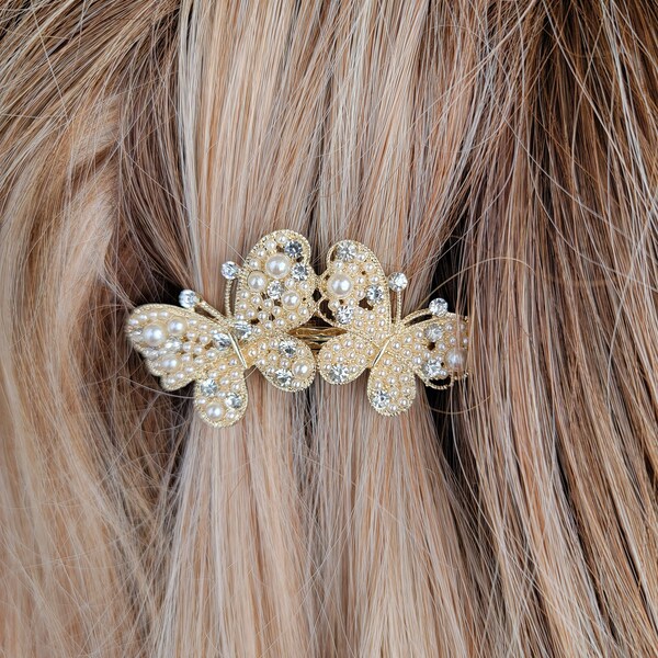 Barrette de cheveux papillon blanche Barrette de demoiselle d'honneur de mariée, accessoire de cheveux papillon Double barrette de cheveux papillon et perle, barrette de mariage