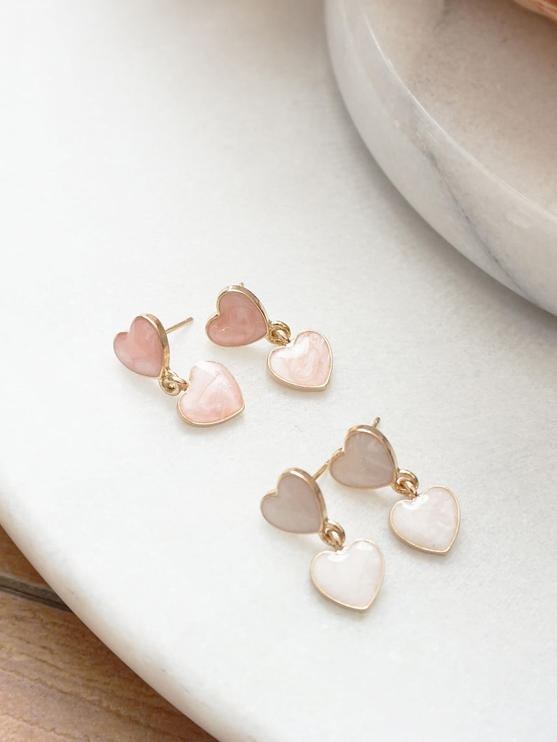 Kawaii Heart Earrings Creamy Heart Drop Earrings Marbled Peachy Pink and Milky White Double Hearts Dangle Earrings