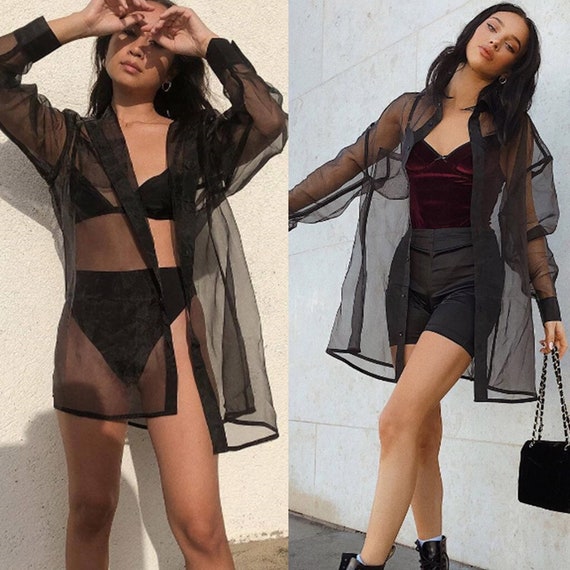 Women Mesh Black Top Button Shirt Sheer 