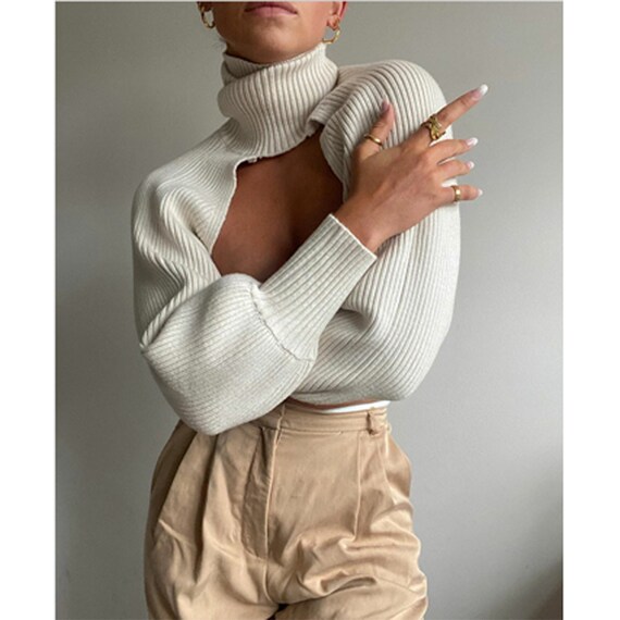 SUPER CROPPED SWEATER Long Lantern Sleeve High Collar - Etsy
