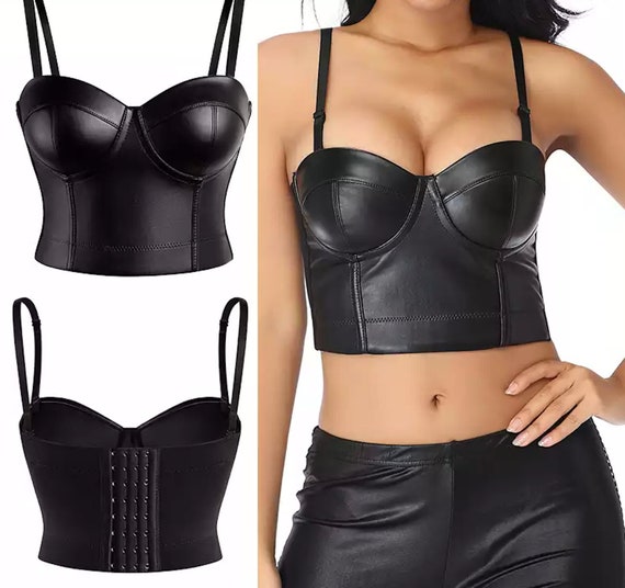 BLACK LEATHER BUSTIER Faux Leather Corset Top Plus Size Bra - Etsy.de