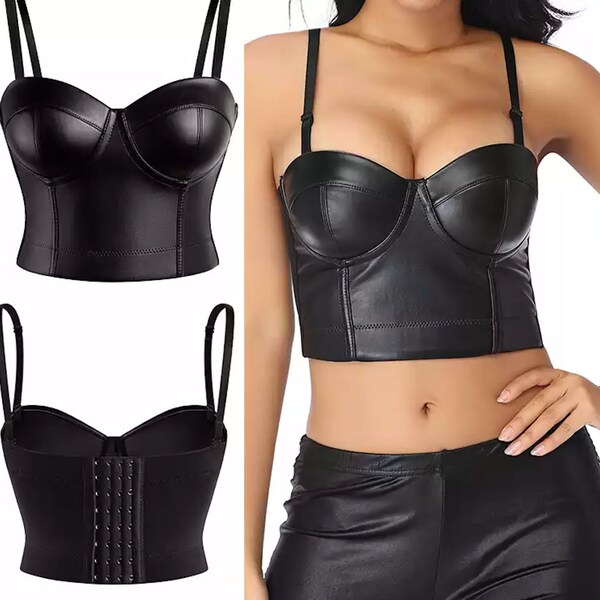 Leather Bustier With Underwire Cups, Boning, Zip Front, Buckle Detail And Adjustable Straps