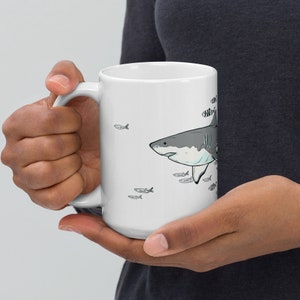 Großer weißer Hai und Fisch Freunde 11oz Keramik Kaffeetasse, Sharkoholic 15 oz Hai Becher | Ozean Leben Hai Liebhaber Geschenk