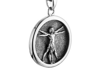 Mens Solid Sterling Silver Vitruvian Man Necklace, High quality Pendant, Cuban Link, Hallmark 925 Stamped, Medallion Coin Pendant