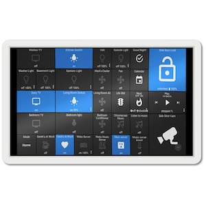 Puede incluir: Un panel de control de hogar inteligente en blanco y negro con un fondo azul. El panel muestra varios iconos y texto, incluyendo "Kitchen TV", "Kitchen Switch", "Hall", "Outside Light", "Good Night", "Side Door Lock", "Washer Light", "Basement Light", "Upstairs Light", "Mark's Cooler", "Fan", "Calendar", "Sony TV", "Living Room Switch", "Living Room Air", "Life 360", "Nest", "Plex navigation", "Bedroom TV", "Bedroom light", "Bedroom Conditioner", "Chromecast Music", "Listen to music", "Side Door Cam", "Mode", "Derek's At Work", "Carol's At Work", "Wake Server", "Wake Music Server", "Main server", "Music server power", "Home", "on", "off", "100%", "99%", "unlocked", "stopped", "off disabled", "idle".