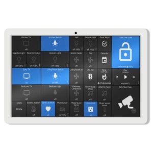 May include: A smart home control panel with a blue and black interface. The panel displays various icons and text, including "Kitchen TV", "Kitchen Switch", "Hall", "Outside Light", "Good Night!" and "Side Door Lock". The panel also shows the status of various devices, such as lights, TVs, and appliances.