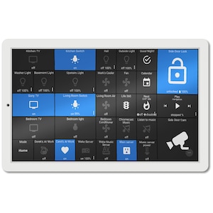 May include: A white tablet screen displaying a home automation system interface with various controls for lights, appliances, and security. The interface is divided into a grid of squares, each representing a different device or function. The controls include on/off buttons, sliders, and icons. The text on the screen includes "Kitchen TV", "Kitchen Switch", "Hall", "Outside Light", "Good Night!", "Side Door Lock", "Washer Light", "Basement Light", "Upstairs Light", "Mark's Cooler", "Fan", "Calendar", "Sony TV", "Living Room Switch", "Living Room Air", "Life 360", "Nest", "Bedroom TV", "Bedroom light", "Bedroom Conditioner", "Chromecast Music", "Listen to music", "Mode", "Home", "Derek's At Work", "Carol's At Work", "Wake Server", "Wake Music Server", "Main server", "Music server power", "Plex navigation", "Side Door Cam".