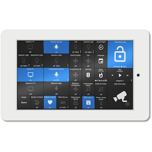 May include: A white tablet screen displaying a smart home control panel with icons for lights, appliances, and security features. The screen shows a variety of devices, including a TV, lights, a thermostat, and a security camera. The text on the screen includes "Kitchen TV", "Living Room Switch", "Bedroom TV", "Mode Home", "Derek's At Work", "Carol's At Work", "Wake Server", "Wake Music Server", "Main server", "Music server power", "Side Door Lock", "Side Door Cam", "Good Night", "Nest", "Plex navigation", "Chromecast Music", "Listen to music", "off disabled", "stopped %", "unlocked 100%", "on 99%", "on 100%", "off 100%", "off 100%", "off", "on".
