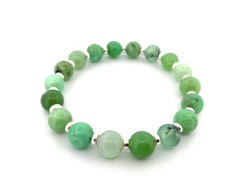 Chrysoprase Green White With Sterling Silver Beaded Bracelet - Crystal Jewelry, Gemstone Bracelet Crystals and Stones,10mm