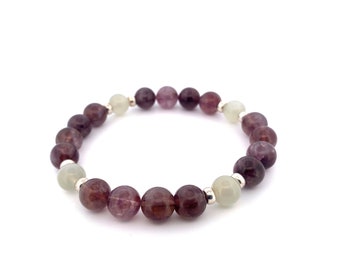 AURALITE 23 Amethyst with moonstone, sterling silver Chakra Round Beaded Bracelet, Crystal Jewelry, Gemstone Bracelet, Crystals