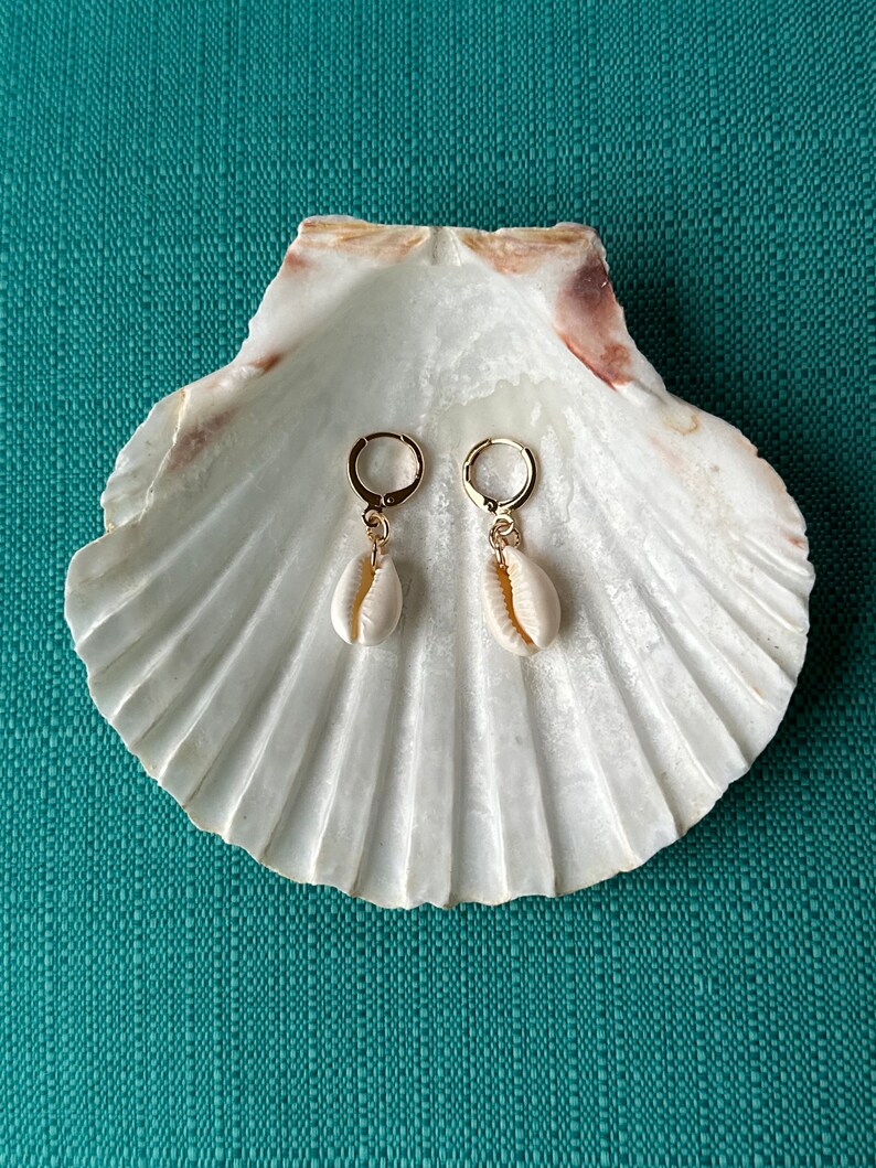 May include: Gold hoop earrings, each with a small, natural seashell pendant. The earrings are presented on a large, white seashell, set against a teal textured backdrop, creating a coastal aesthetic.