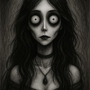 Puede incluir: Dibujo a lápiz en escala de grises de una mujer con ojos grandes y cabello largo y ondulado. Lleva un collar de gargantilla y un colgante. La obra de arte tiene un tema gótico, con un enfoque en los rasgos demacrados de la mujer.