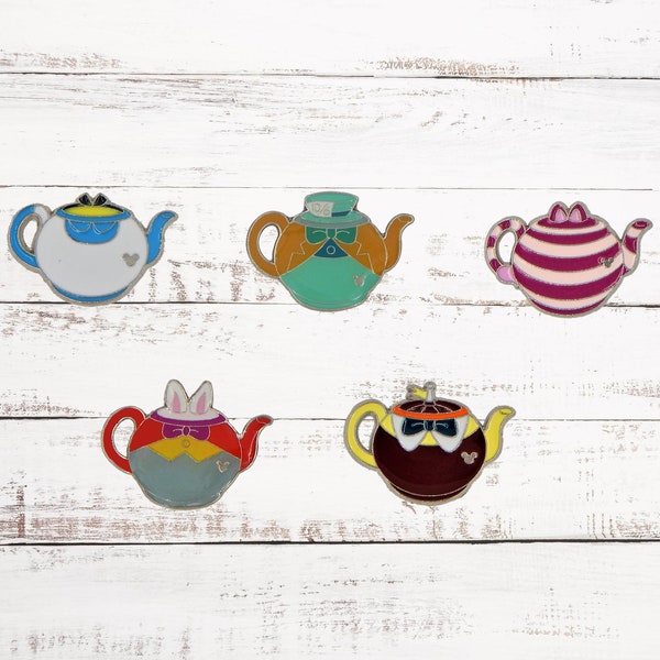 5 Alice In Wonderland Tea Pots Disney Parks Specific Trading Pin Set ~ Brand New