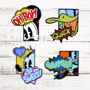 May include: Four colorful cartoon character pins with speech bubbles. The pins feature a duck with the words "Quack!" in a red speech bubble, a mouse with the words "Oh Boy!" in a red speech bubble, a mouse with the words "So Sweet!" in a pink speech bubble, and a mouse with the words "Gawk!" in a blue speech bubble.