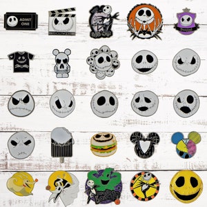 May include: A selection of enamel pins featuring characters and imagery from "The Nightmare Before Christmas." Designs include Jack Skellington's face, Zero, and other iconic elements in black, white, and orange.