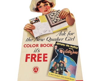 Vintage Armstrong Rugs Quaker Girl Color Book Stand Up Cardboard Cutout 1936