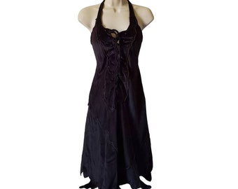 Vintage Ryan Keith Witchy Lace Up Dress S/M Black Velour Halter Neck Rhinestones