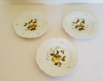 Vintage Fruit Design 7" Plates Set 3 Apple Pear Bread Butter Scalloped Yellow