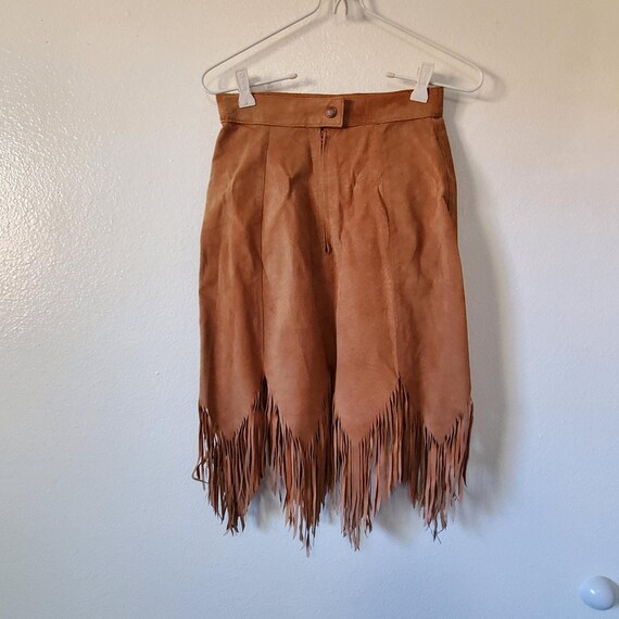 Vintage Suede Fringe Skirt Womens Brown Leather Fringe Zig-zag