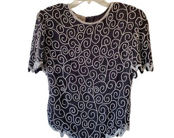 Vintage Laurence Kazar Beaded Top Womens L Black Silk Handkerchief Hem Party