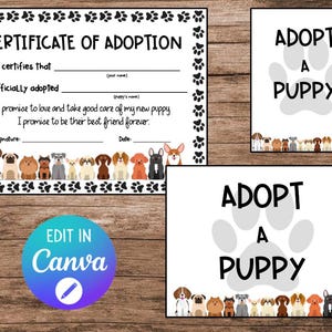 Dog Theme Birthday, Puppy Adoption Certificate, Adopt a Puppy Certificate, Adopt a Puppy Birthday Pawty | NOT Editable | INSTANT DOWNLOAD