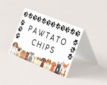 Puppy Pawty Food Labels: Dog Birthday Party Tents (EDITABLE, Instant Download)
