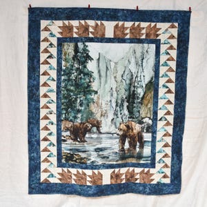 New handmade large throw quilt beautiful bears in the water scene with trees and mountains.  Fabric shading gives it a watercolor effect.
