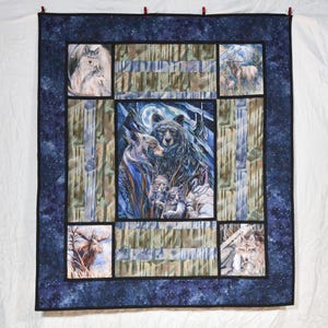 New handmade large throw quilt, beautiful bear, wolf, wolves, moose and elk