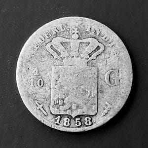 1858 Netherlands 1/10 gulden silver coin in good condition.