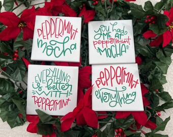 Christmas Coasters, Christmas gifts, Christmas gift for new homeowners, peppermint mocha, hostess gift, gift for mom, gift for her