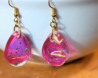 Pink Opalescent Teardrop Earrings, Dichroic Earrings, Fucshia Dangle Earrings, Valentines Gift for her, Best Friend Gift