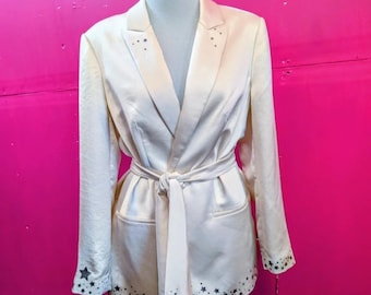 Express Cream Satin Upcycled Tuxedo Jacket with Sash XL