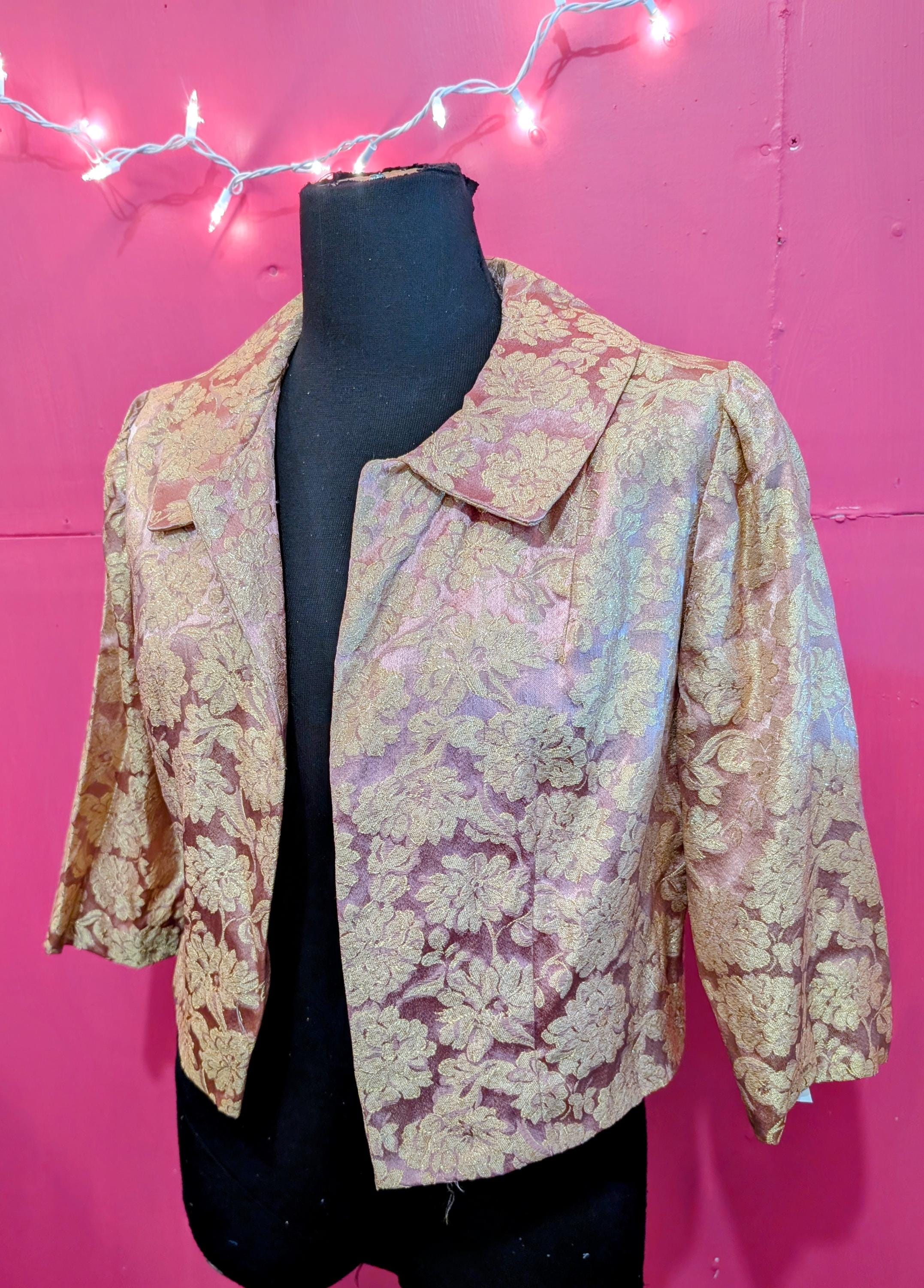 Vintage 1960s Retro Pink Gold Brocade Short Jacket M Medium