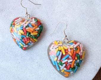 Rainbow Heart Sprinkle Earrings, Teenage Girl Gifts, Valentines Earrings, Cute Gift for her, Gifts Under 20, Candy Jewelry